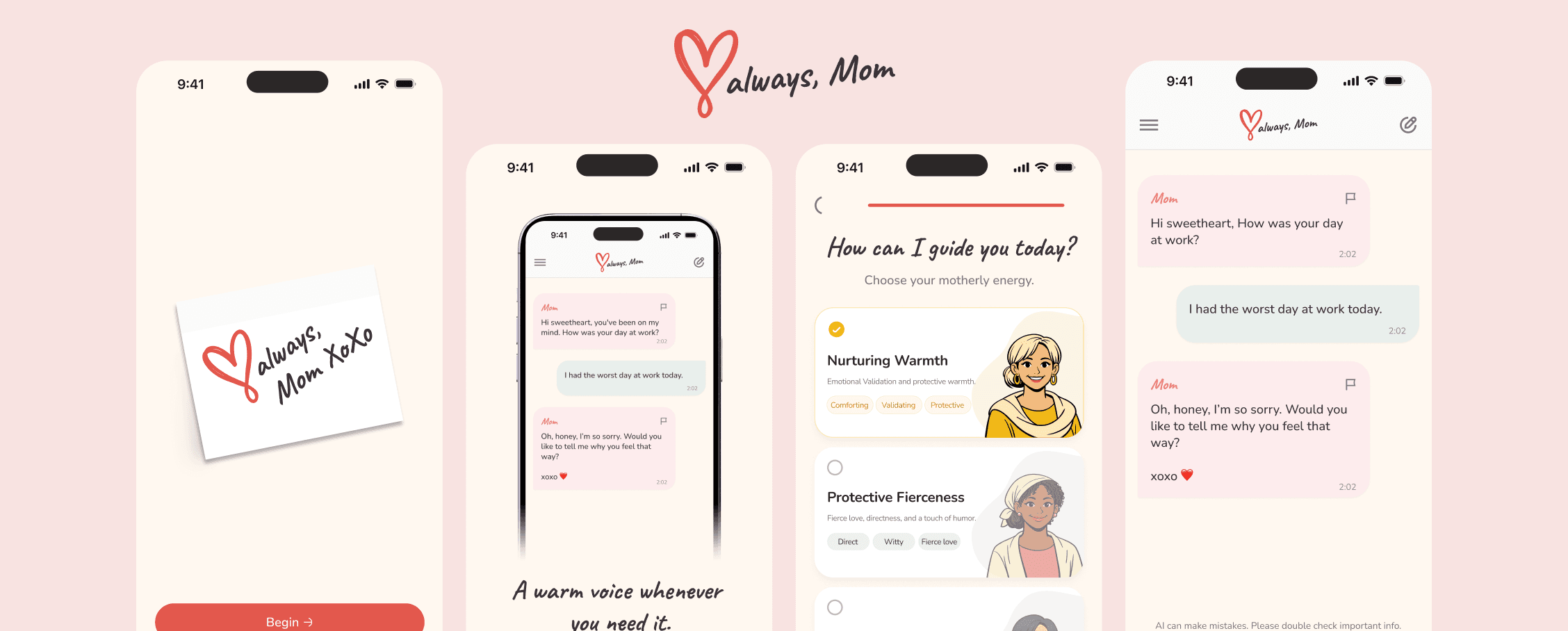 Love Always Mom mobile product screens