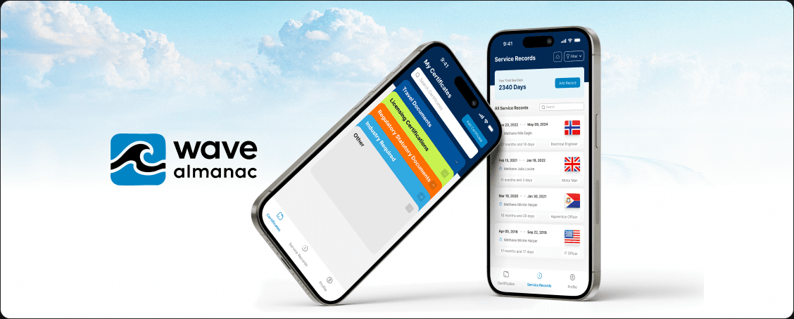 Wave Almanac mobile maritime records and certification screens