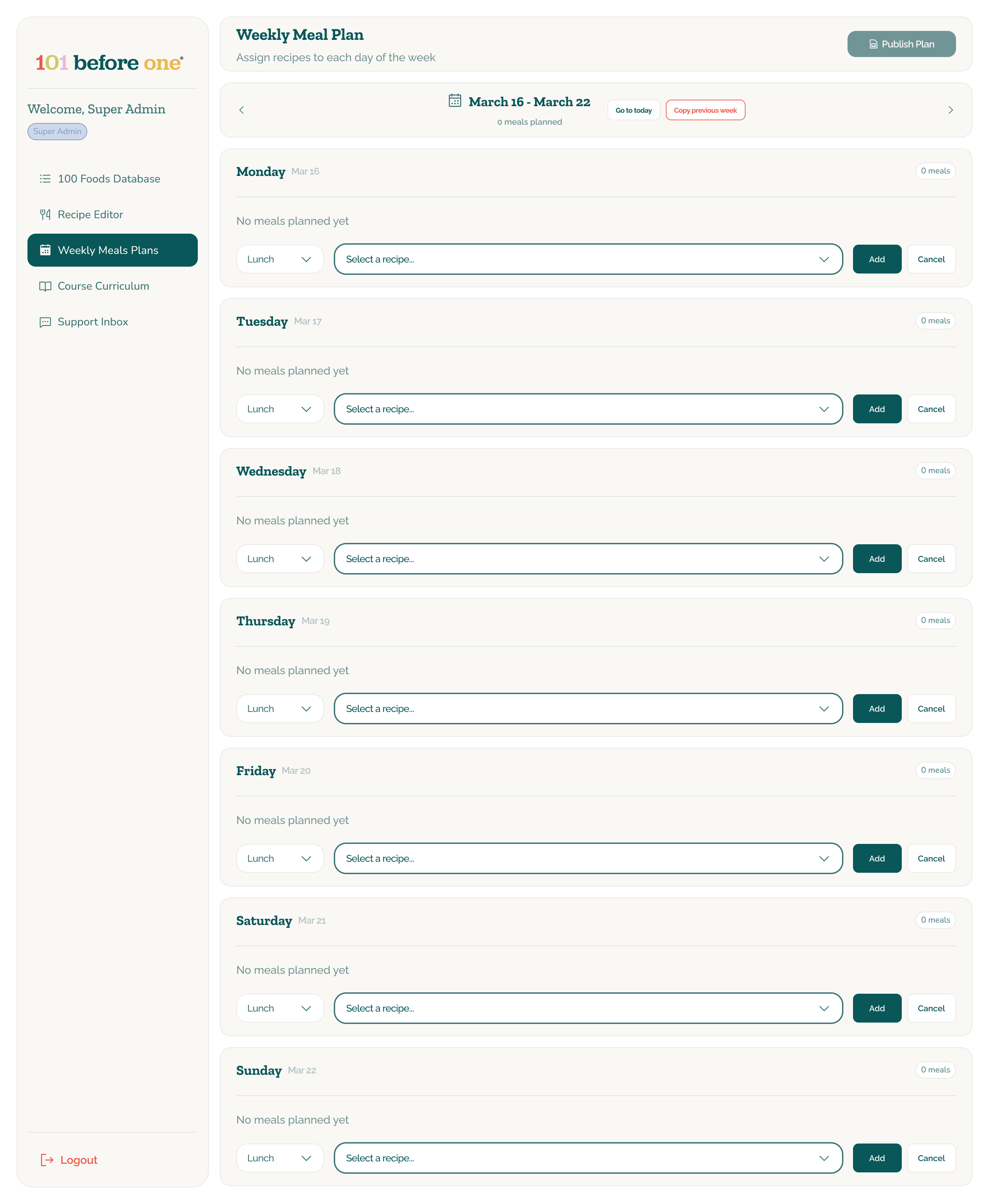 101 Before One admin weekly meal plan editor