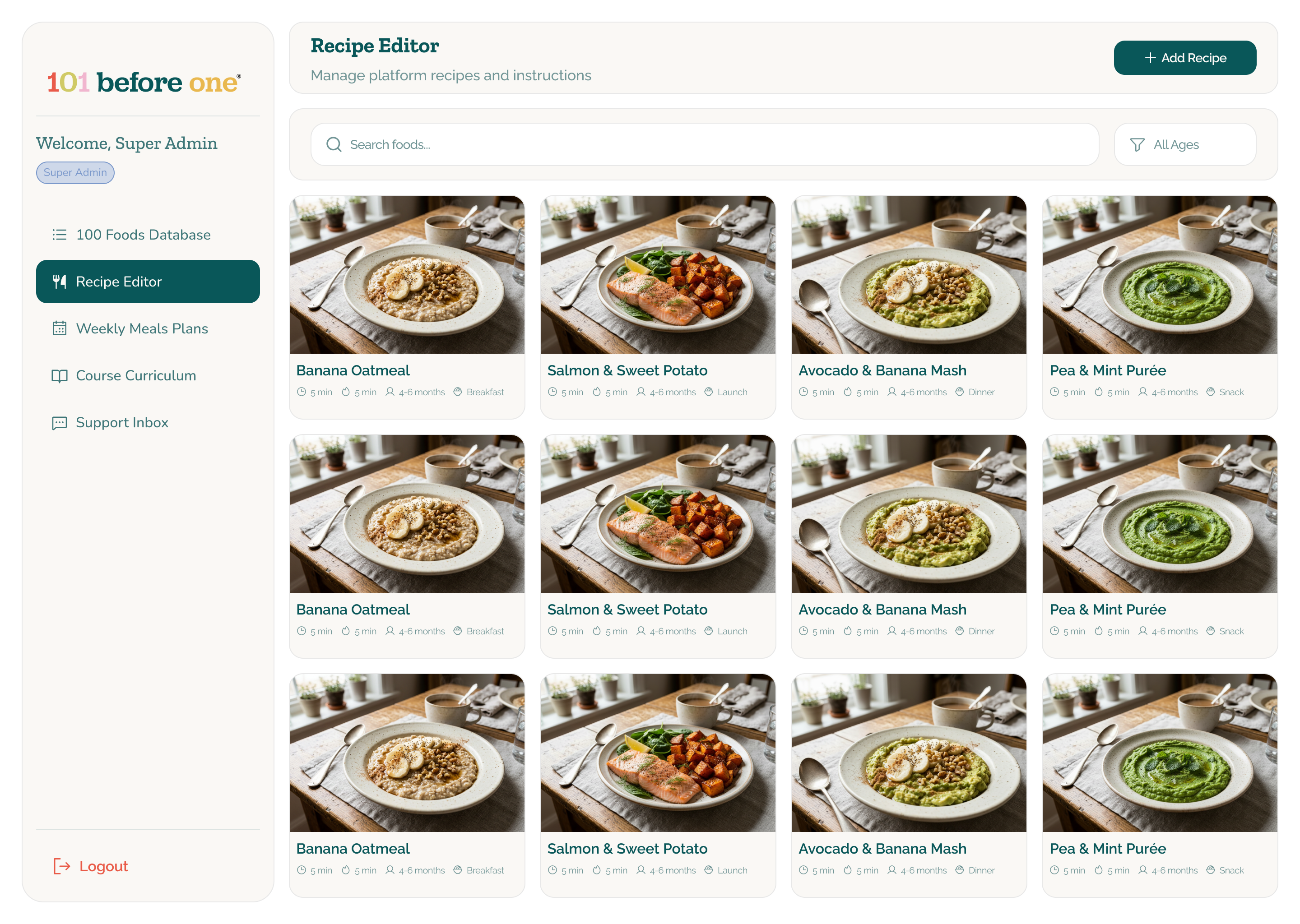 101 Before One admin recipe editor with searchable recipe cards