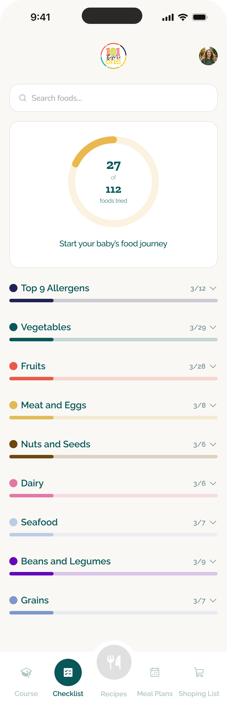 101 Before One foods checklist with search and grouped food items