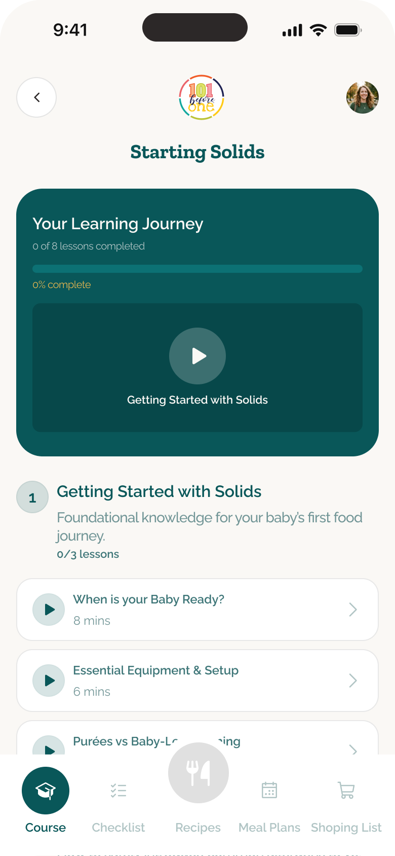 101 Before One Starting Solids course showing modules and lessons