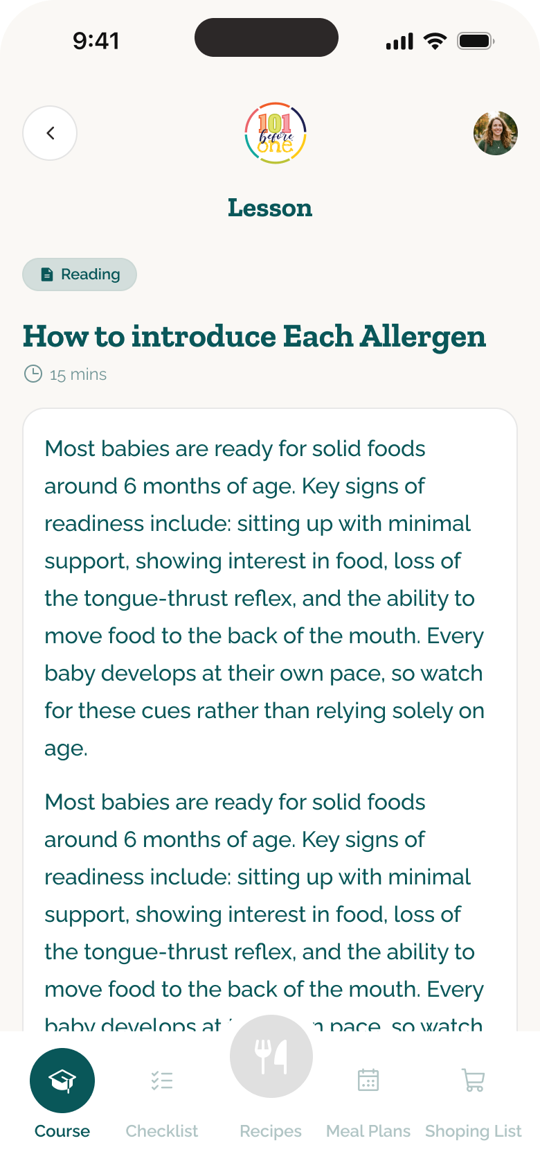 101 Before One lesson page explaining how to introduce allergens
