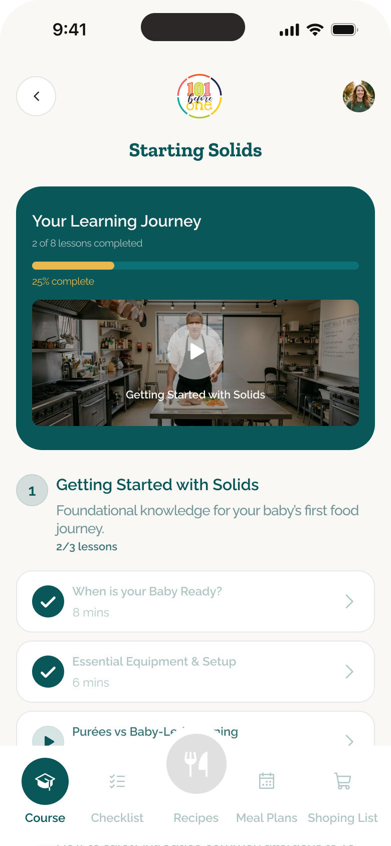 101 Before One Starting Solids course showing completed lessons and progress