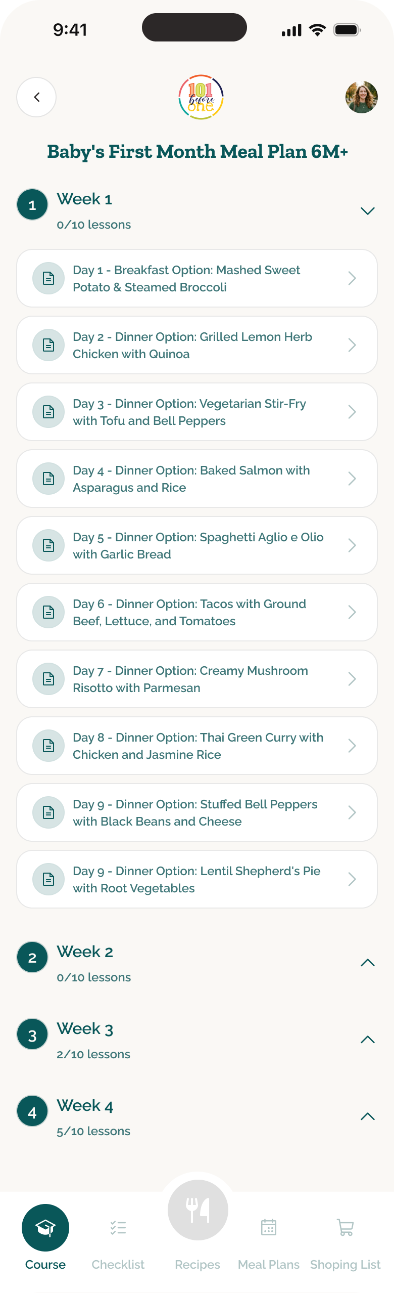 101 Before One first-month meal plan organized into a four-week daily sequence