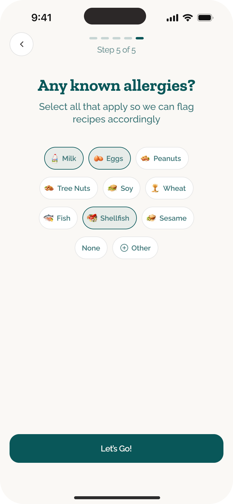 101 Before One onboarding with selected known allergies