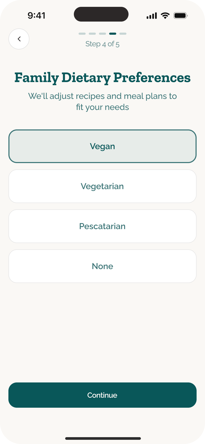 101 Before One onboarding with family dietary preference options