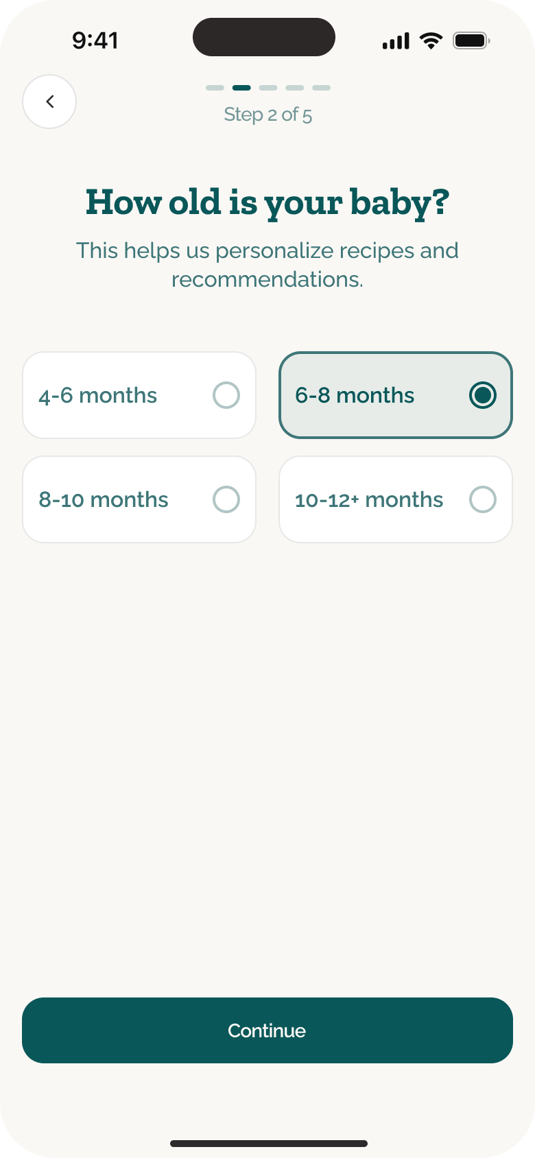 101 Before One mobile onboarding asking for the baby's age