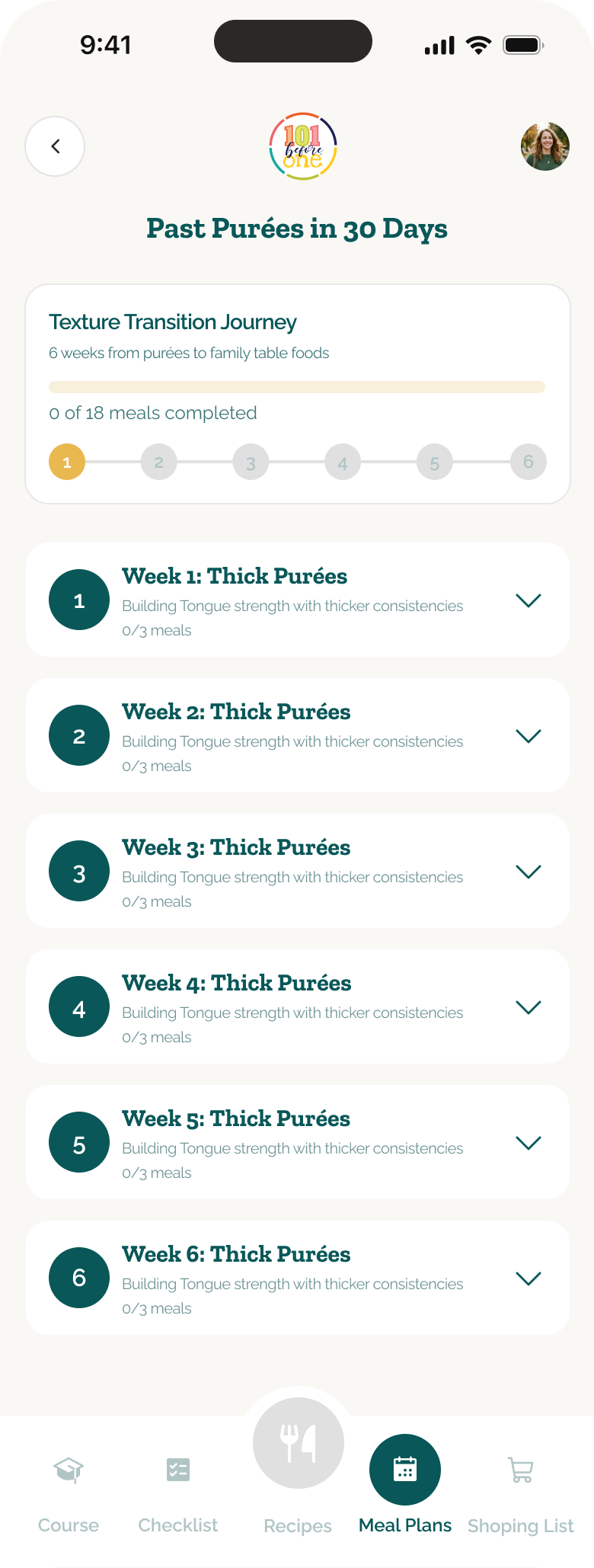 101 Before One six-week Move Past Purées plan with collapsed weekly stages