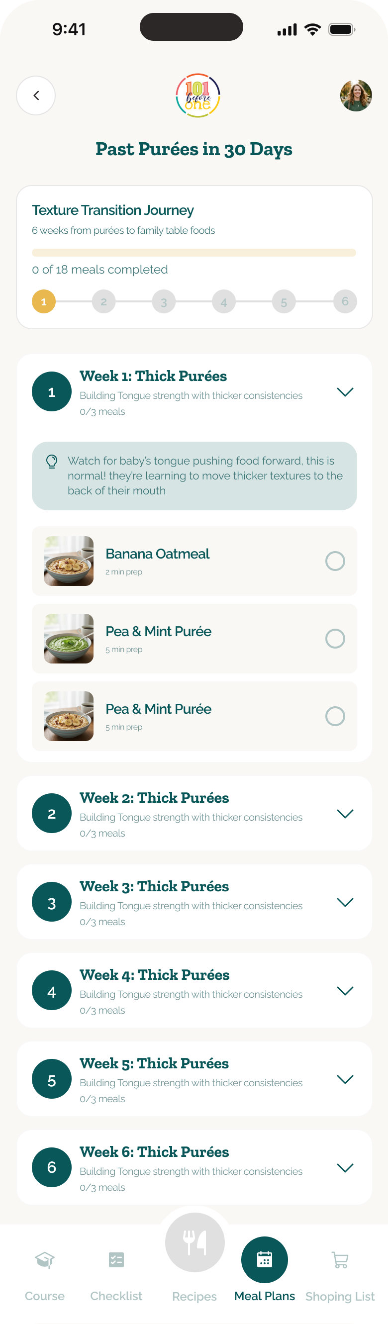 101 Before One Move Past Purées plan with a week expanded to show meals and guidance