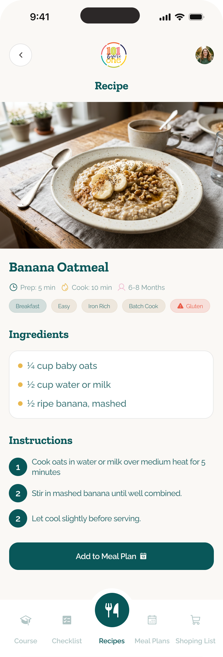 101 Before One Banana Oatmeal recipe with tags, ingredients, instructions and Add to Meal Plan