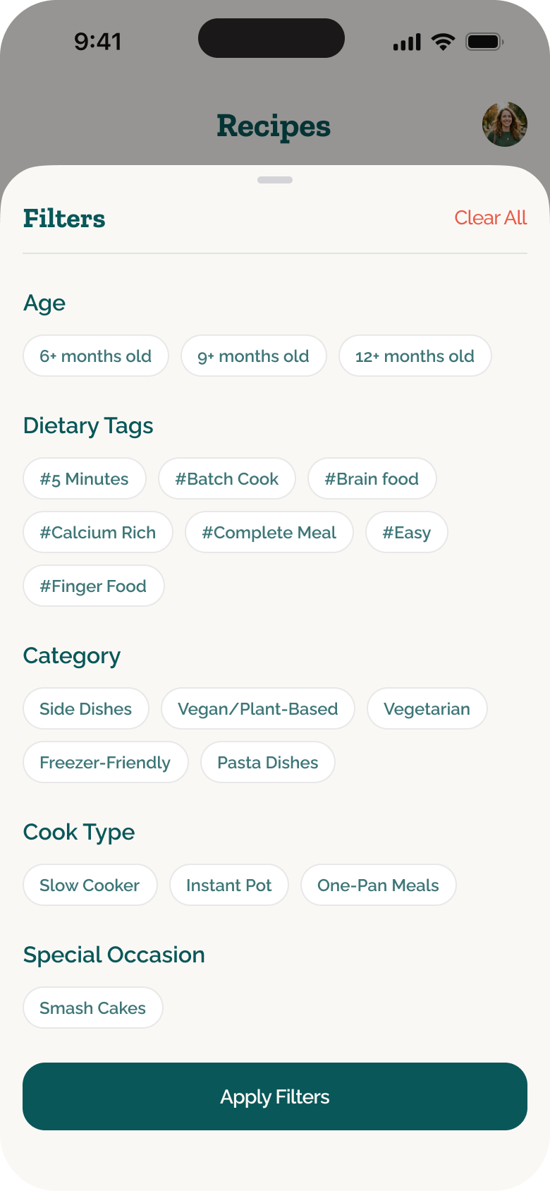 101 Before One recipe filters for age, dietary needs, category and cooking method