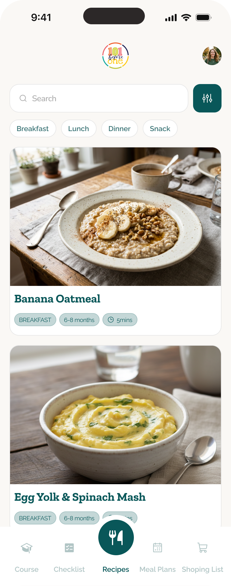 101 Before One recipe library with search, meal categories and recipe cards