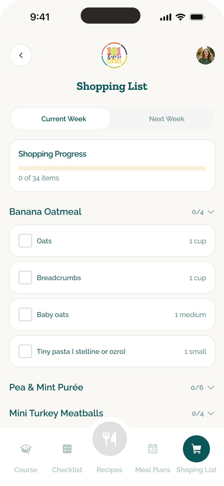 101 Before One shopping list with one meal expanded to show ingredient quantities