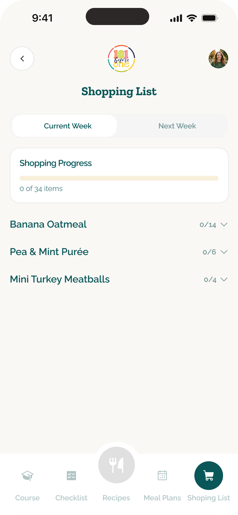 101 Before One weekly shopping list with ingredients grouped into collapsed meals