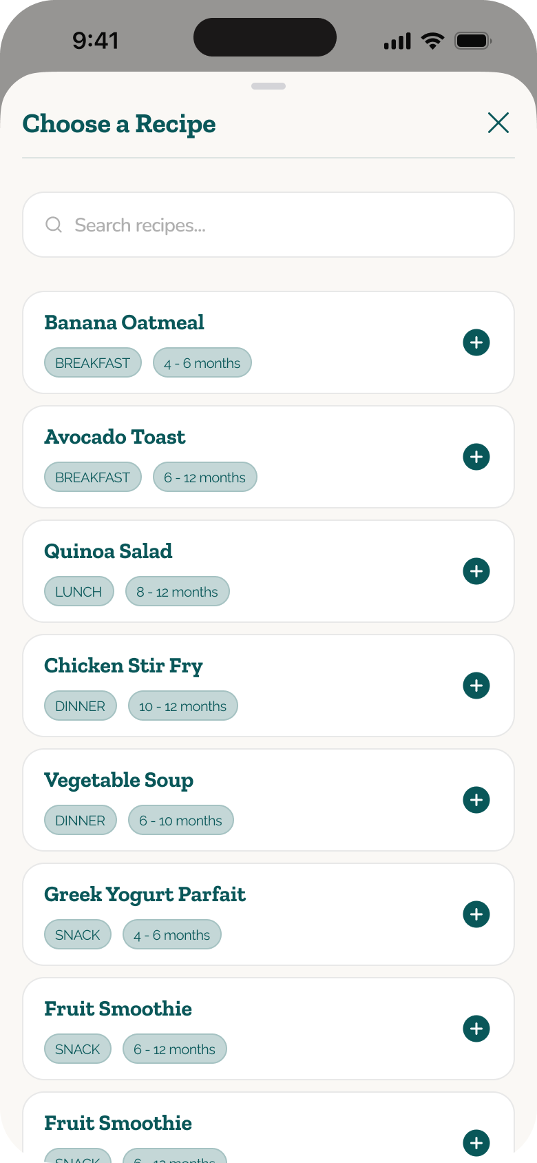 101 Before One choose a recipe screen for replacing a planned meal