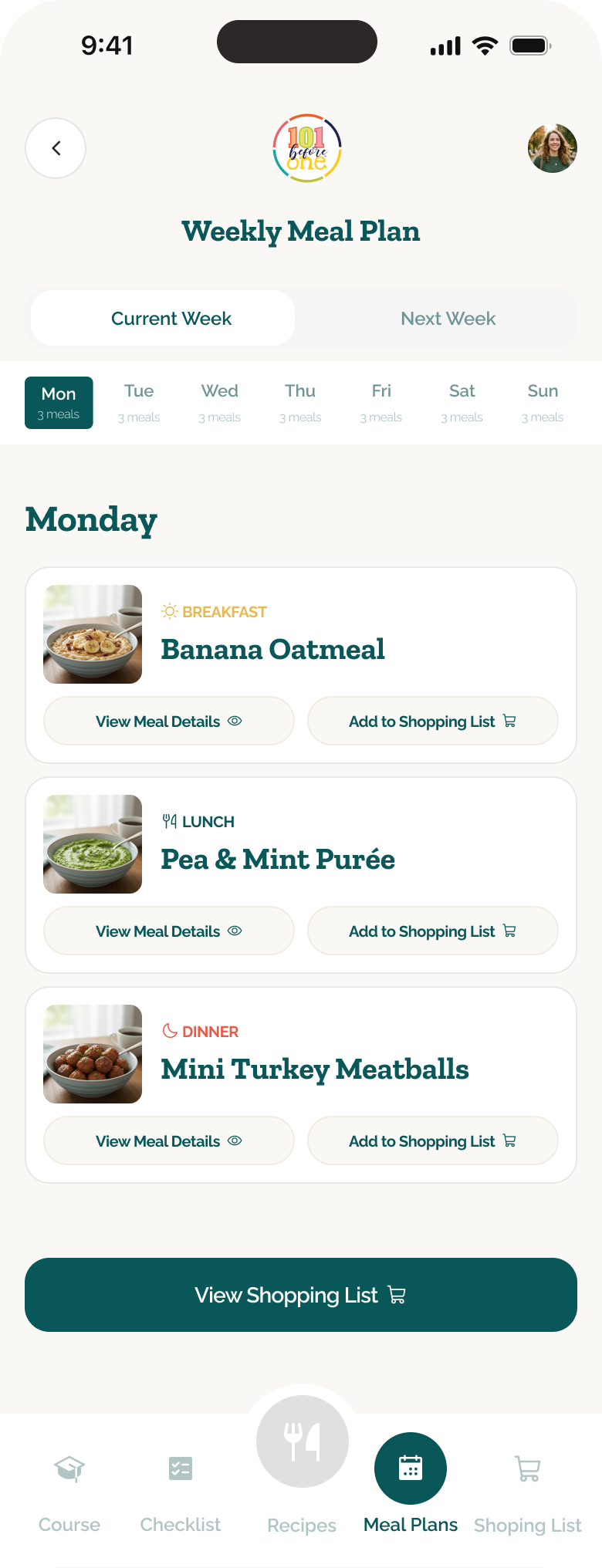 101 Before One weekly meal plan showing each day’s breakfast, lunch and dinner