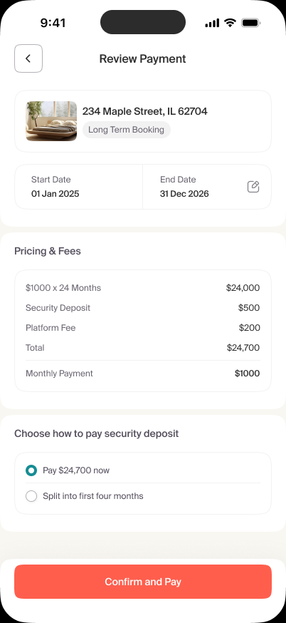 Basma long-term booking review with lease dates, monthly payment and deposit options