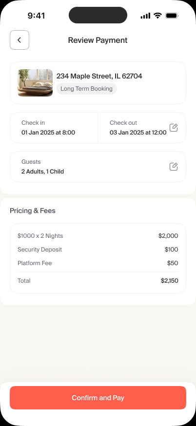 Basma short-term booking review with dates, guests and nightly price breakdown