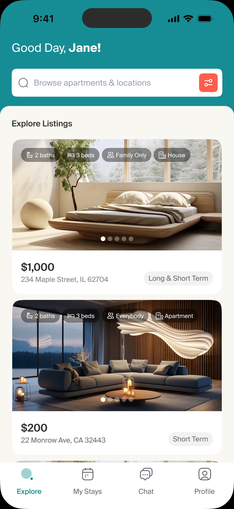 Basma Explore screen with property cards for short- and long-term rentals