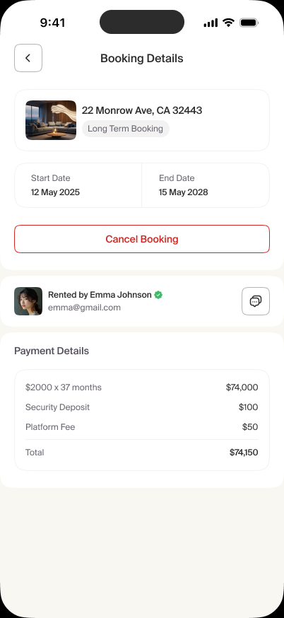 Basma landlord view of a long-term booking with renter and payment details