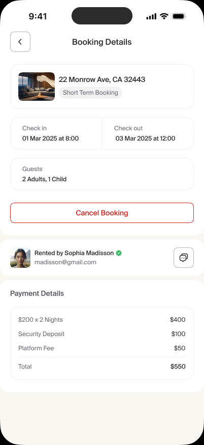 Basma landlord view of a short-term booking with guest and payment details