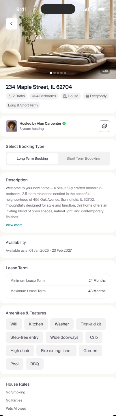 Full Basma property detail screen with host, booking type, availability, amenities and house rules