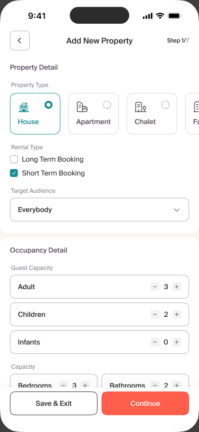 Step one of Basma property creation with property type, rental type and occupancy fields