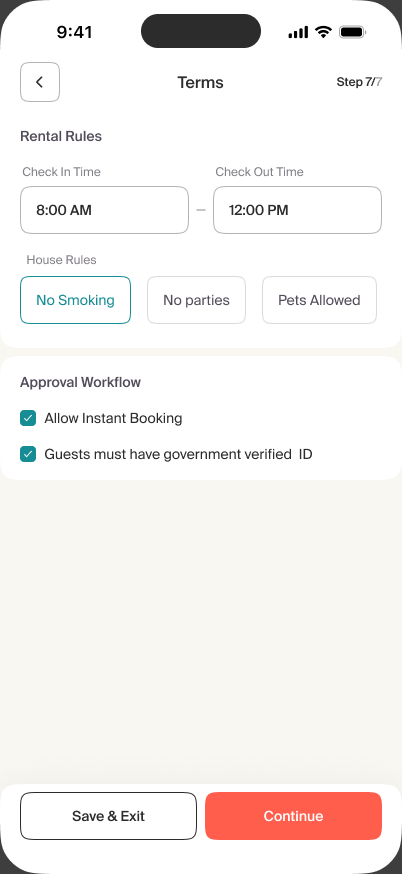Step seven of Basma property creation with house rules and approval controls
