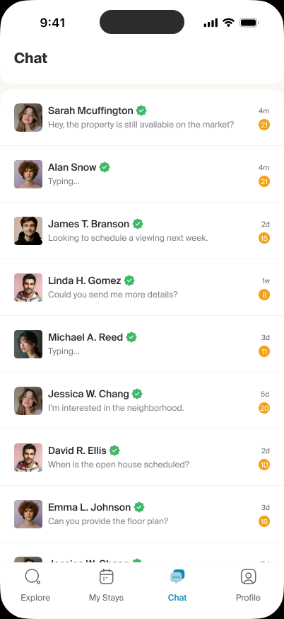 Basma tenant chat list with active property conversations