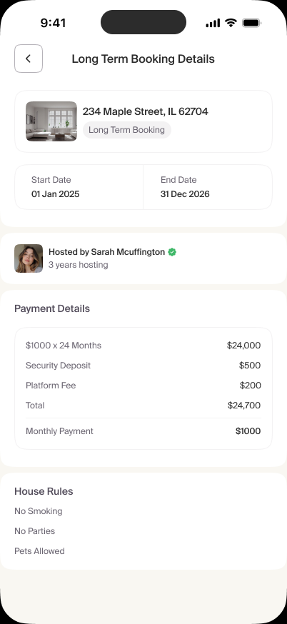 Basma tenant long-term stay details with host, payment and house rules