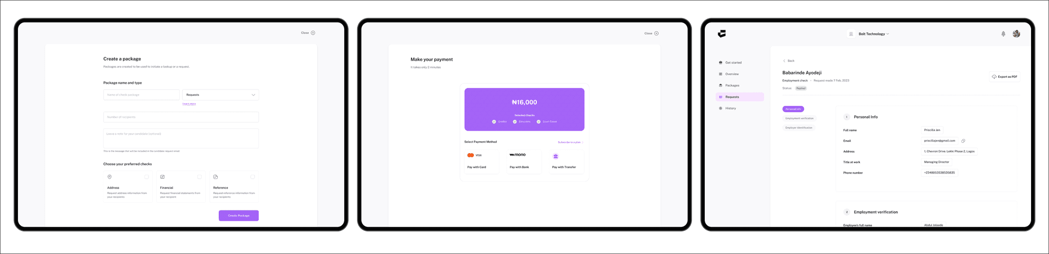 Confirmly flow from package creation and payment to a completed request report