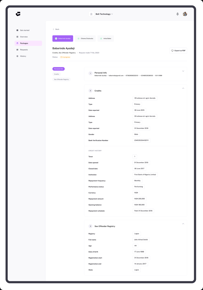 Completed Confirmly credit lookup result with personal, credit and property information