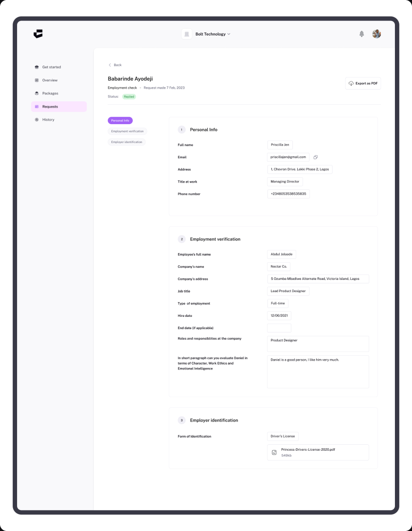 Completed Confirmly request result with personal and employment verification information