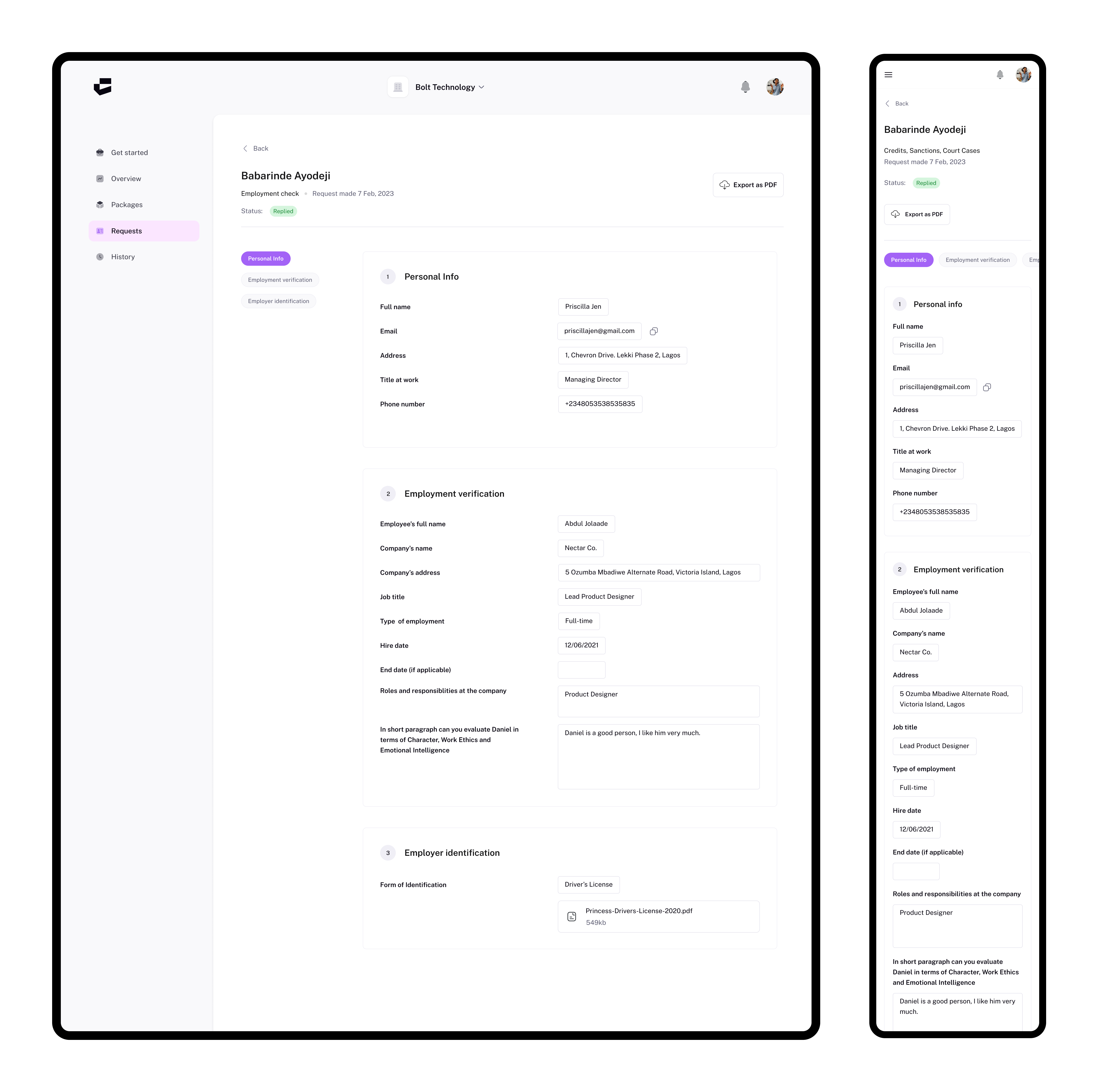 Completed Confirmly request report on desktop and mobile