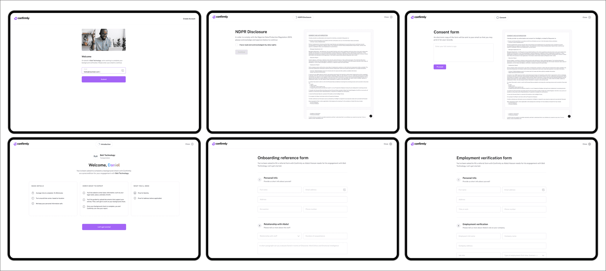 Confirmly disclosure, consent, candidate and referee information screens