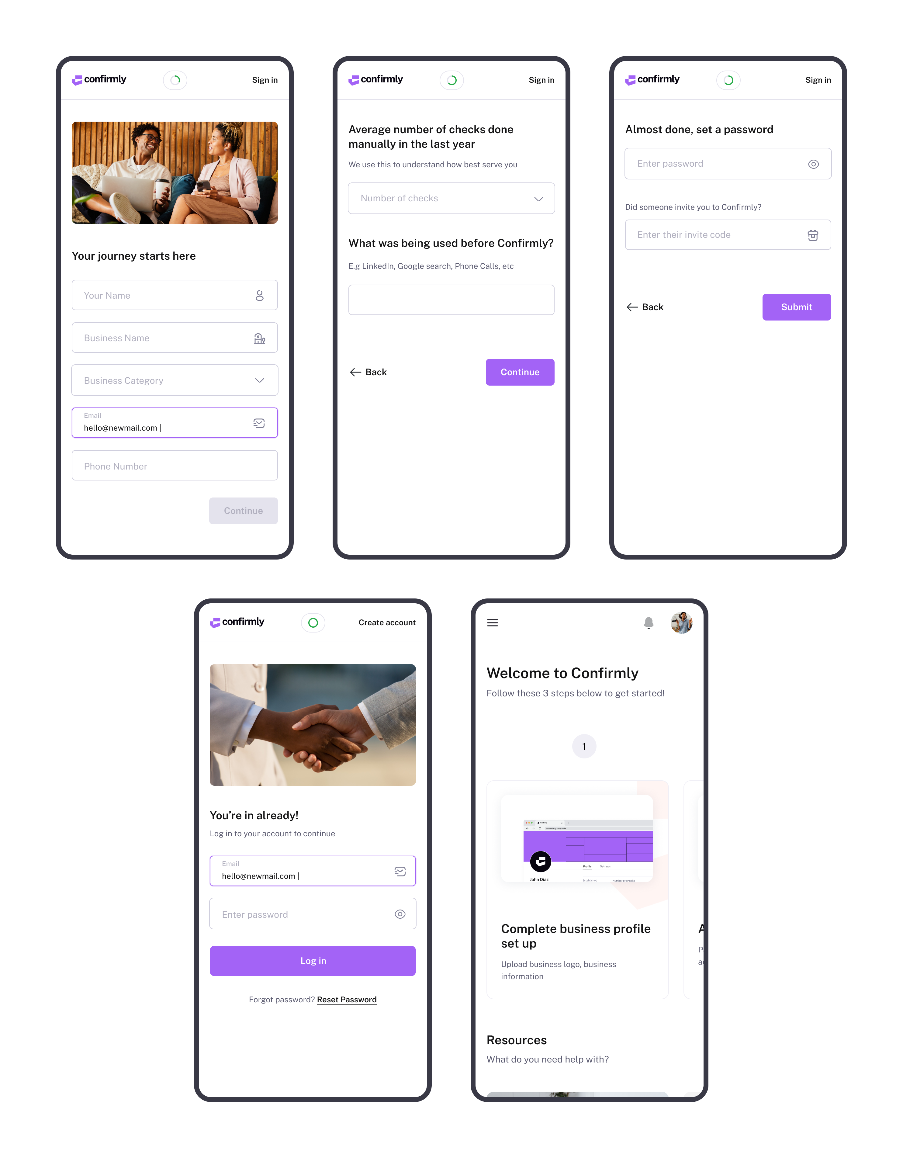 Confirmly onboarding and getting-started screens on mobile