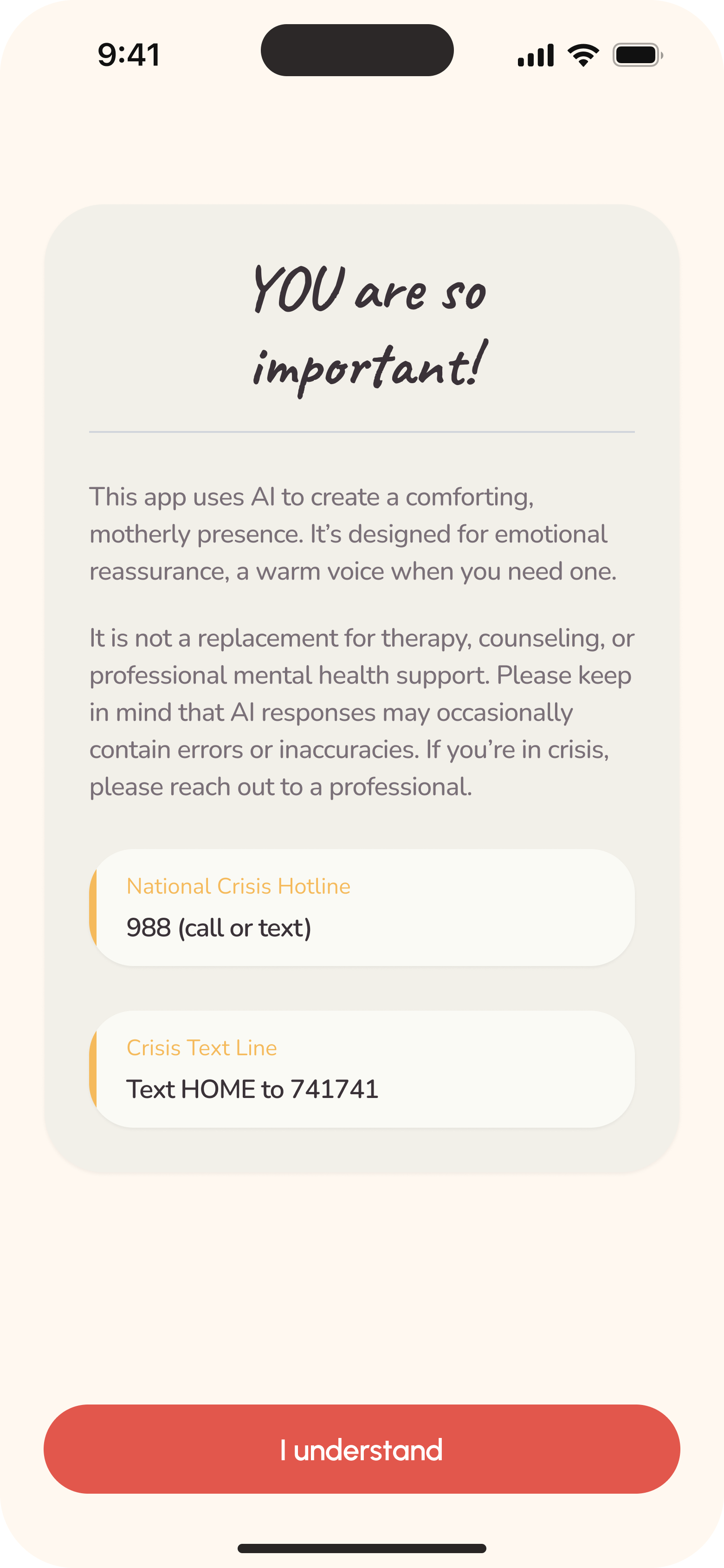 Love Always, Mom AI disclaimer with crisis phone and text resources