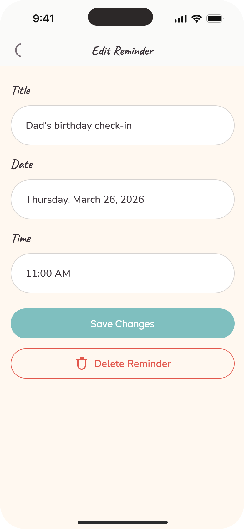 Love Always, Mom edit reminder form with title, date, time and delete action