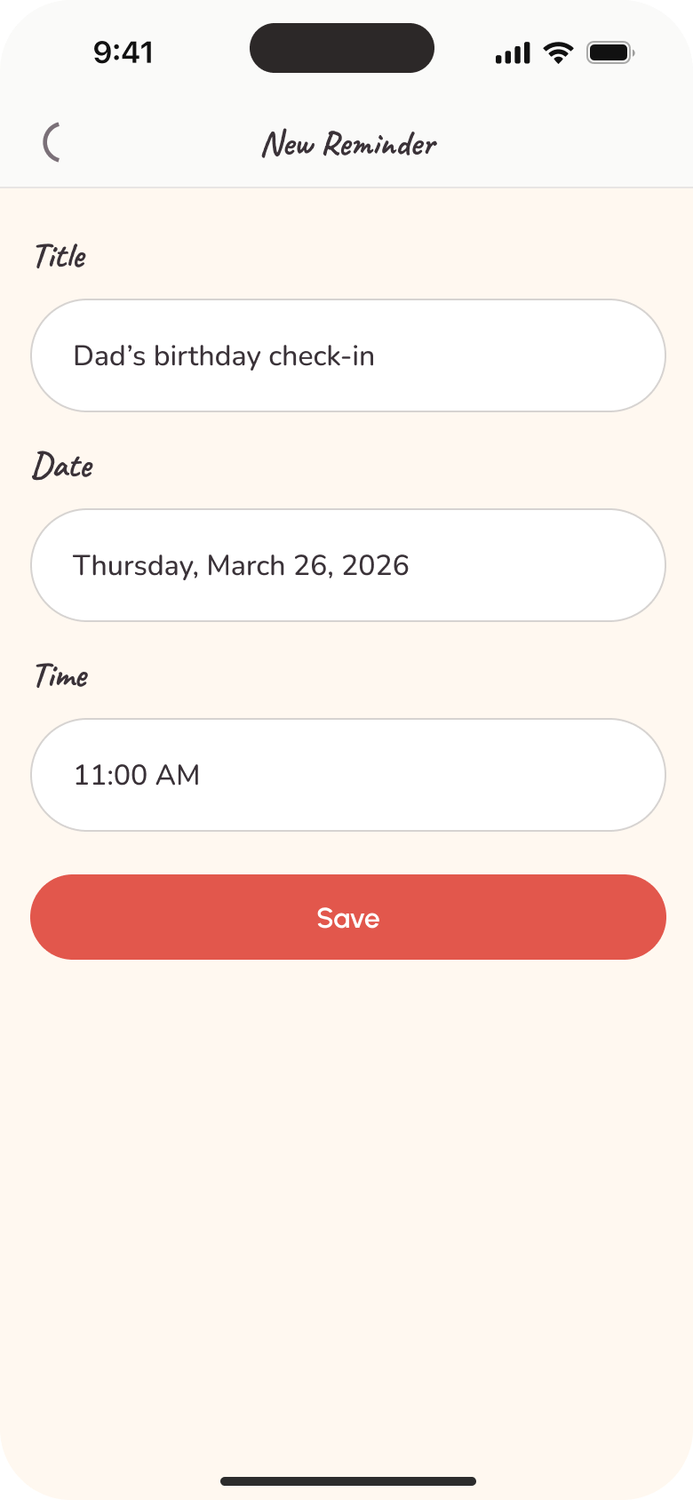 Love Always, Mom new reminder form with title, date and time fields