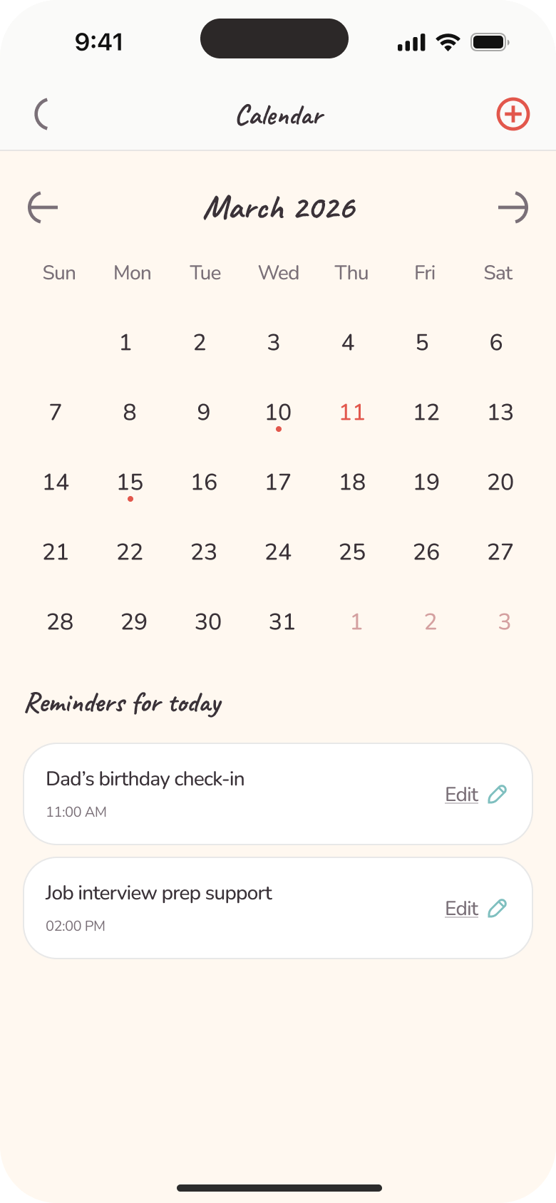 Love Always, Mom monthly calendar with two reminders for the selected day