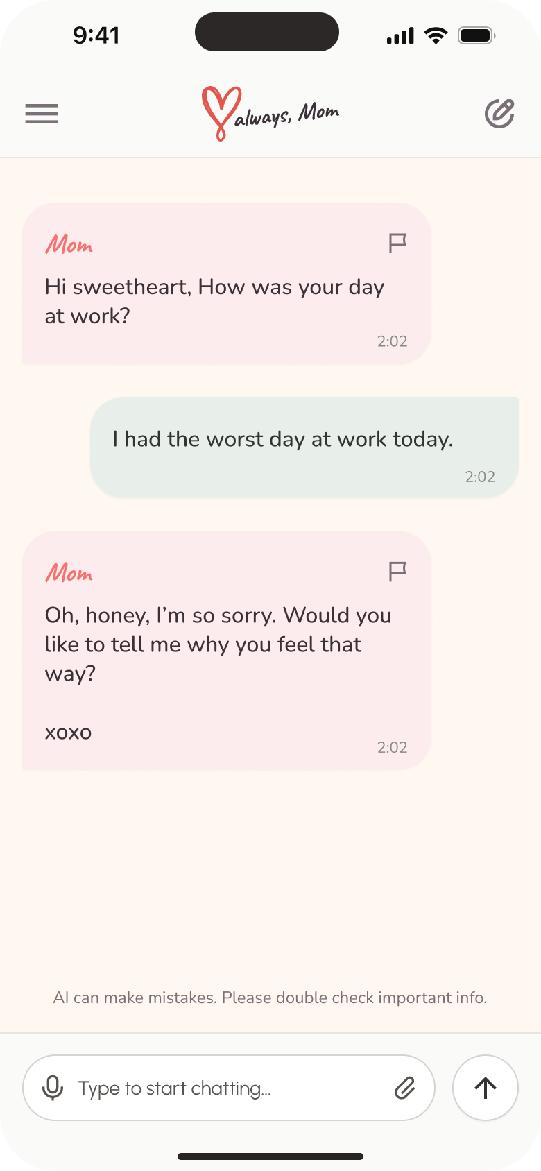Love Always, Mom conversation with motherly responses, report icons and message composer