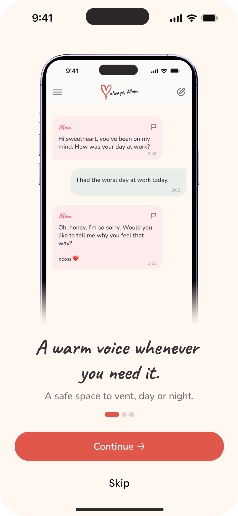 Love Always, Mom introduction showing a sample conversation and warm voice message