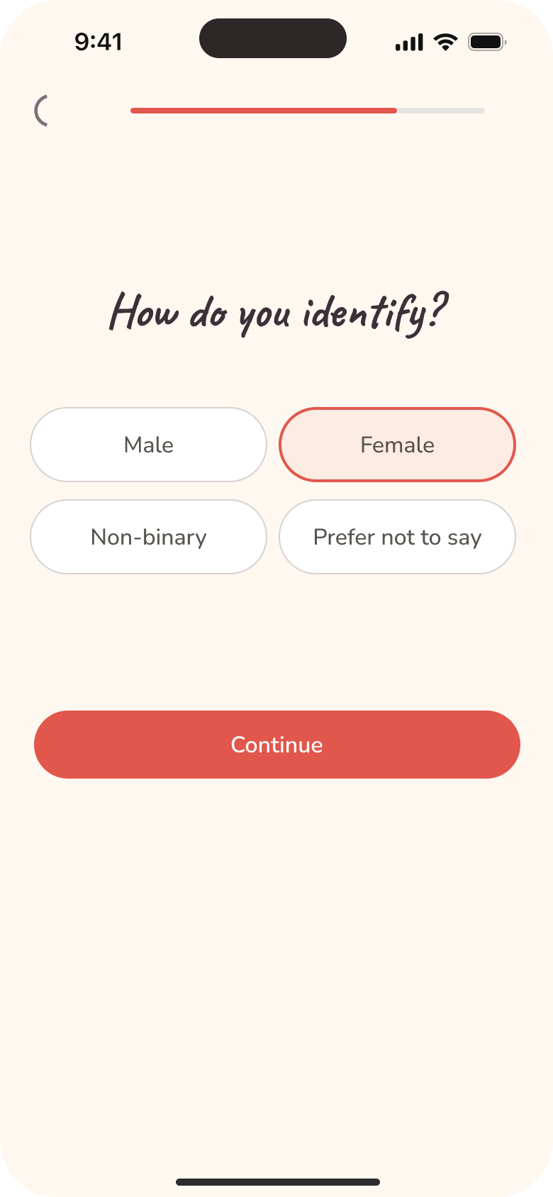 Love Always, Mom onboarding with identity options and Female selected