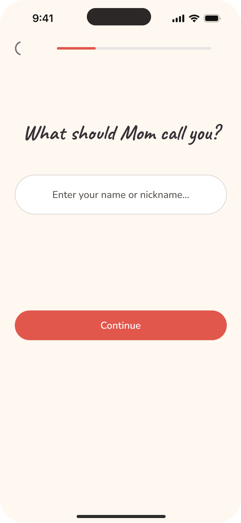 Love Always, Mom onboarding asking what Mom should call the user