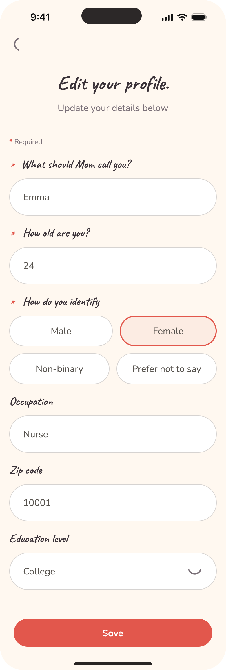 Love Always, Mom profile editor with name, age, identity and optional profile fields