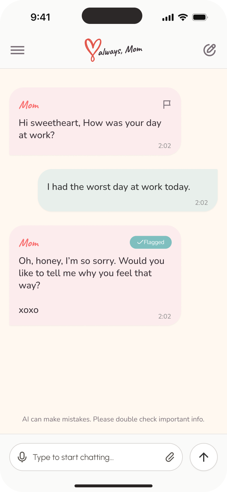Love Always, Mom conversation with a response marked as flagged