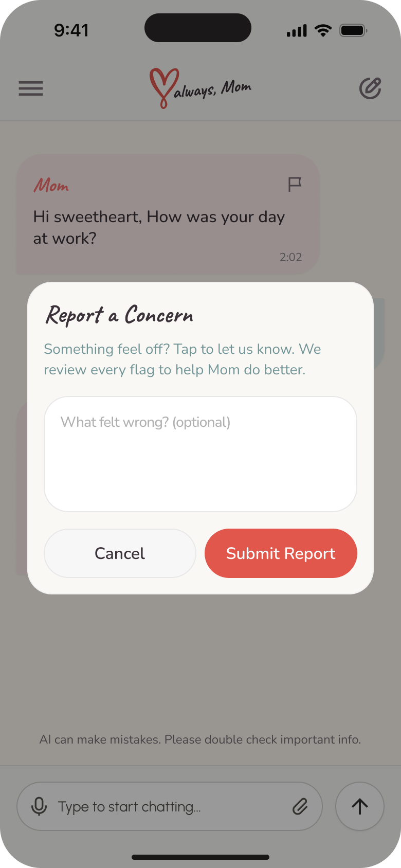 Love Always, Mom report a concern sheet over a dimmed conversation