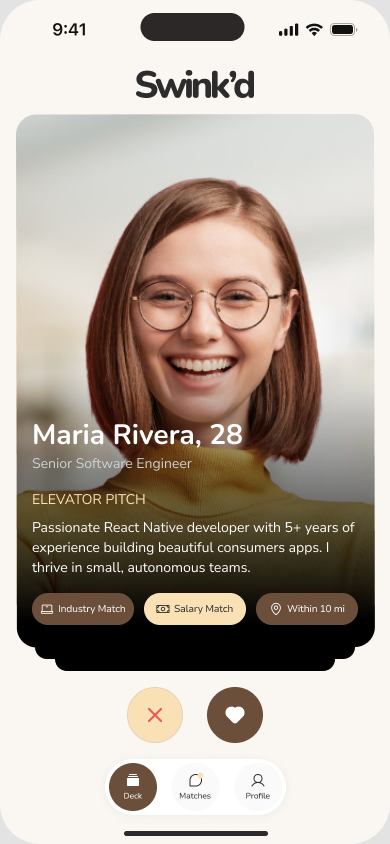 Employer discovery card for a candidate with an elevator pitch and compatibility details