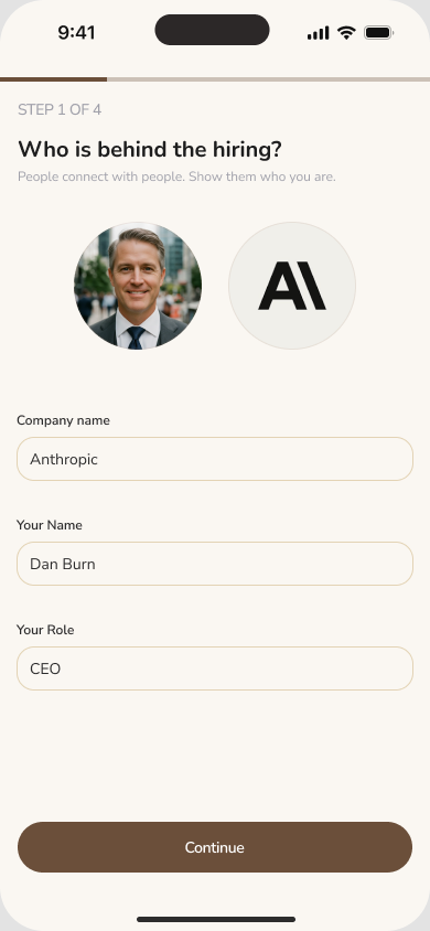 Employer onboarding for personal identity, company logo and company information